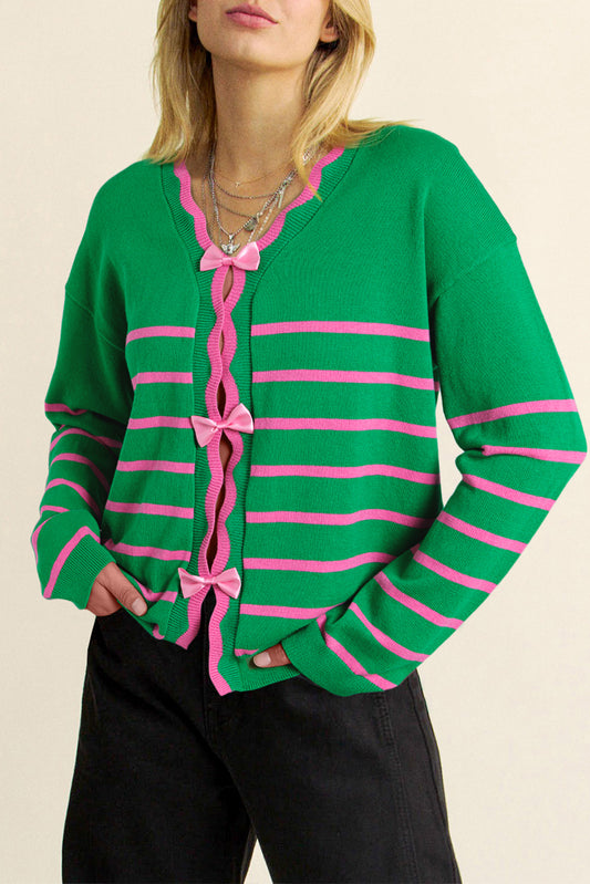 Stripe Ribbon Cute Bow Detail Sweater Knit Cardigan