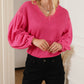 Waffle Knit Balloon Sleeve Splicing V Neck Top