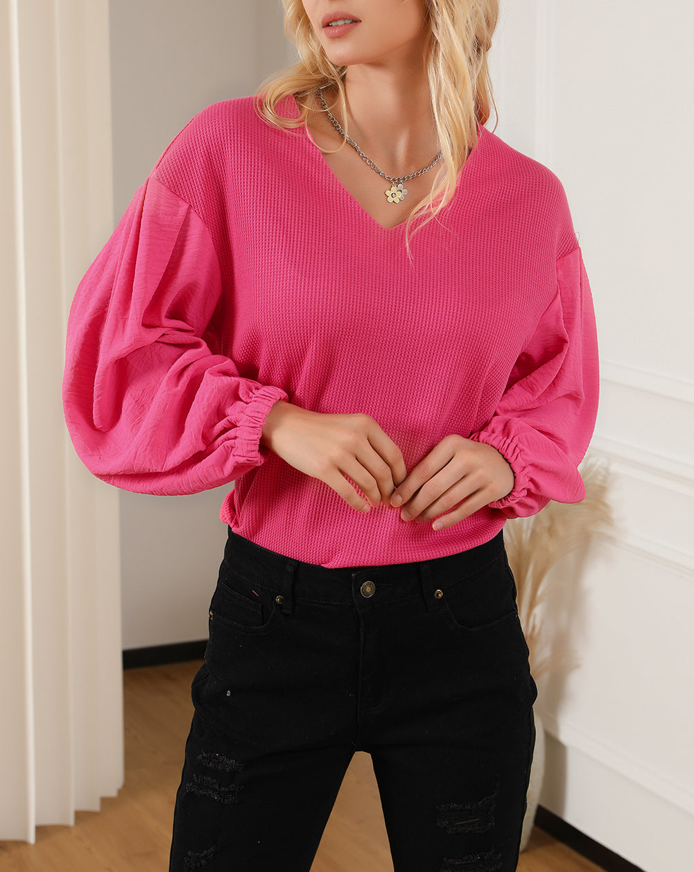Waffle Knit Balloon Sleeve Splicing V Neck Top