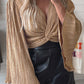 Pleated Bell Sleeve Twist V Neck Cropped Blouse