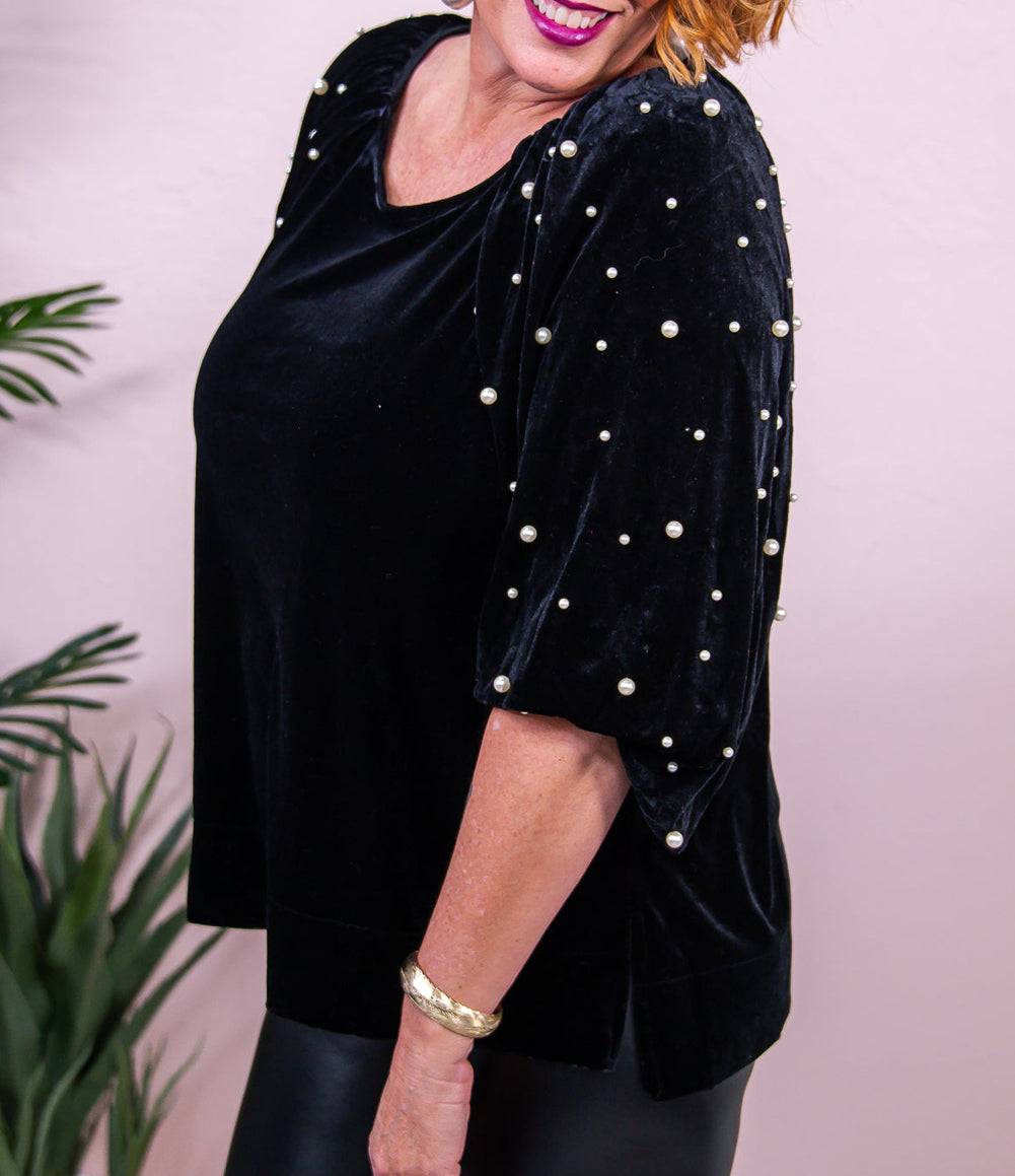 Pearl Embellished Puff Sleeve Velvet Plus Size Top