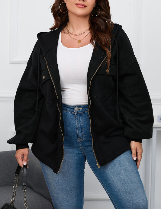 Plus Size Bishop Sleeve Zip Up Hooded Jacket
