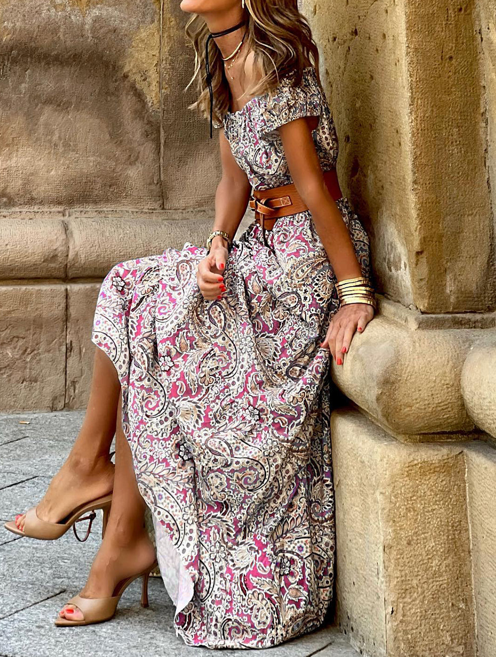 Boho Paisley Print Off Shoulder Maxi Dress