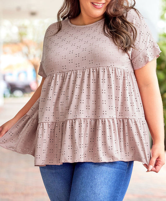 Plus Size Eyelet Pattern Ruffle Sleeve Babydoll Top