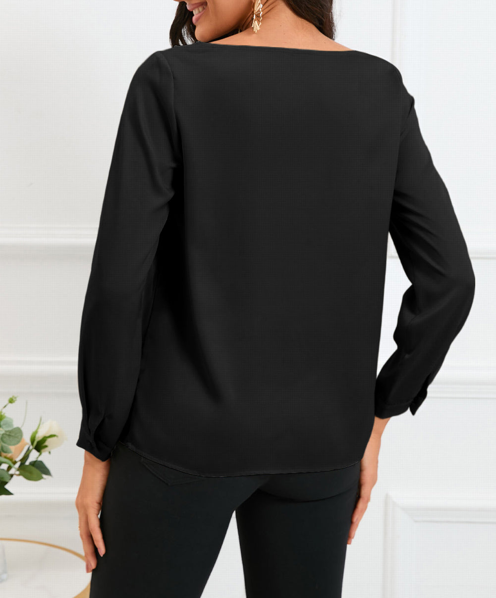 Solid Asymmetric V Neck Long Sleeve Satin Blouse