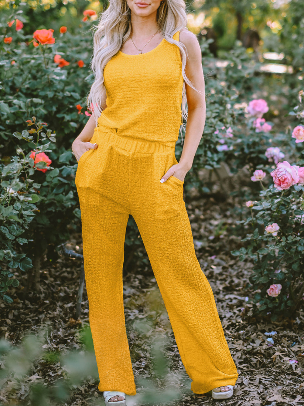 Crinkled U Neck Tank Top and Wide Leg Pants Set