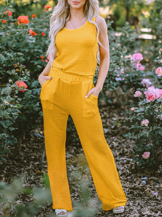 Crinkled U Neck Tank Top and Wide Leg Pants Set