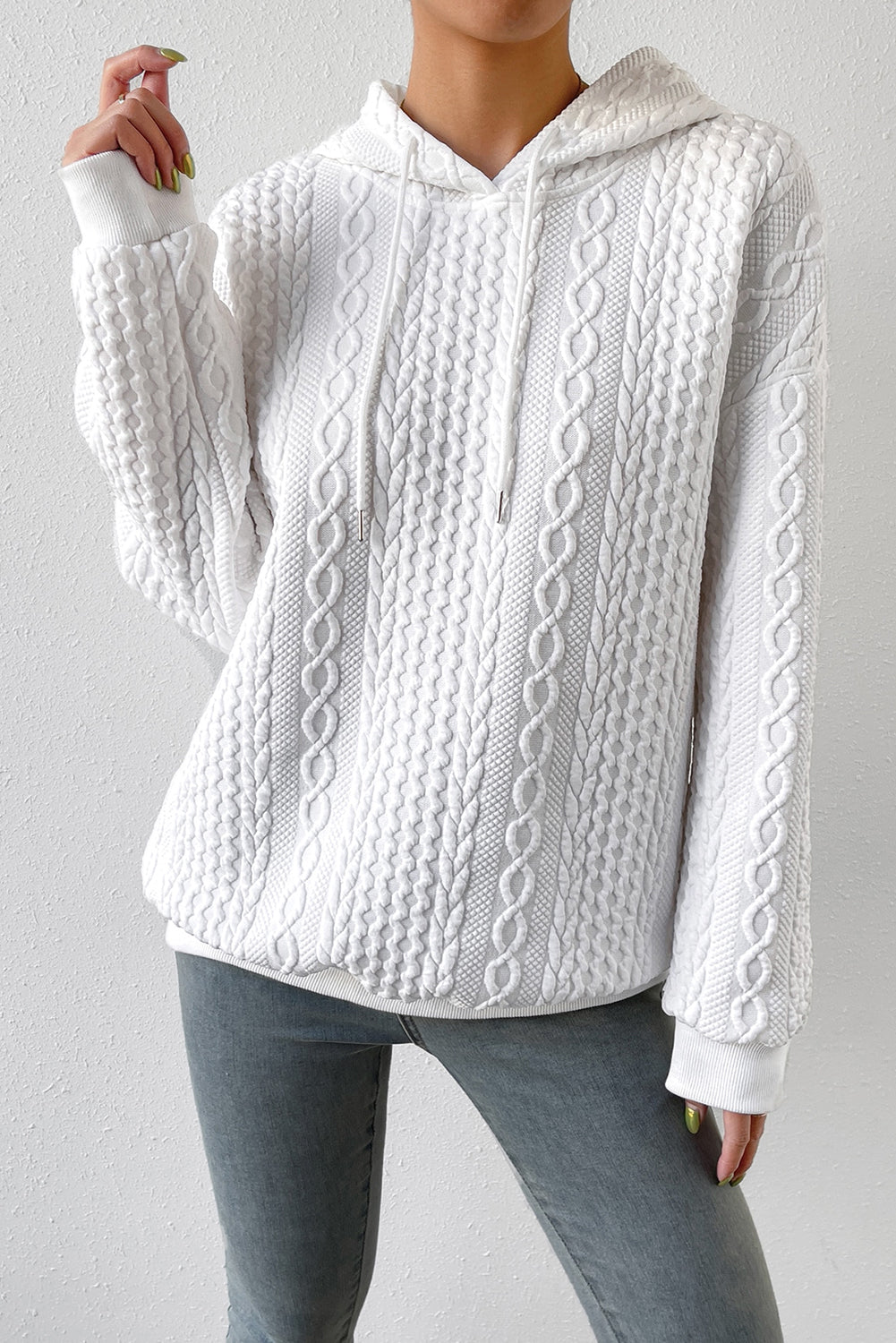 Cable Textured Casual Drawstring Hoodie