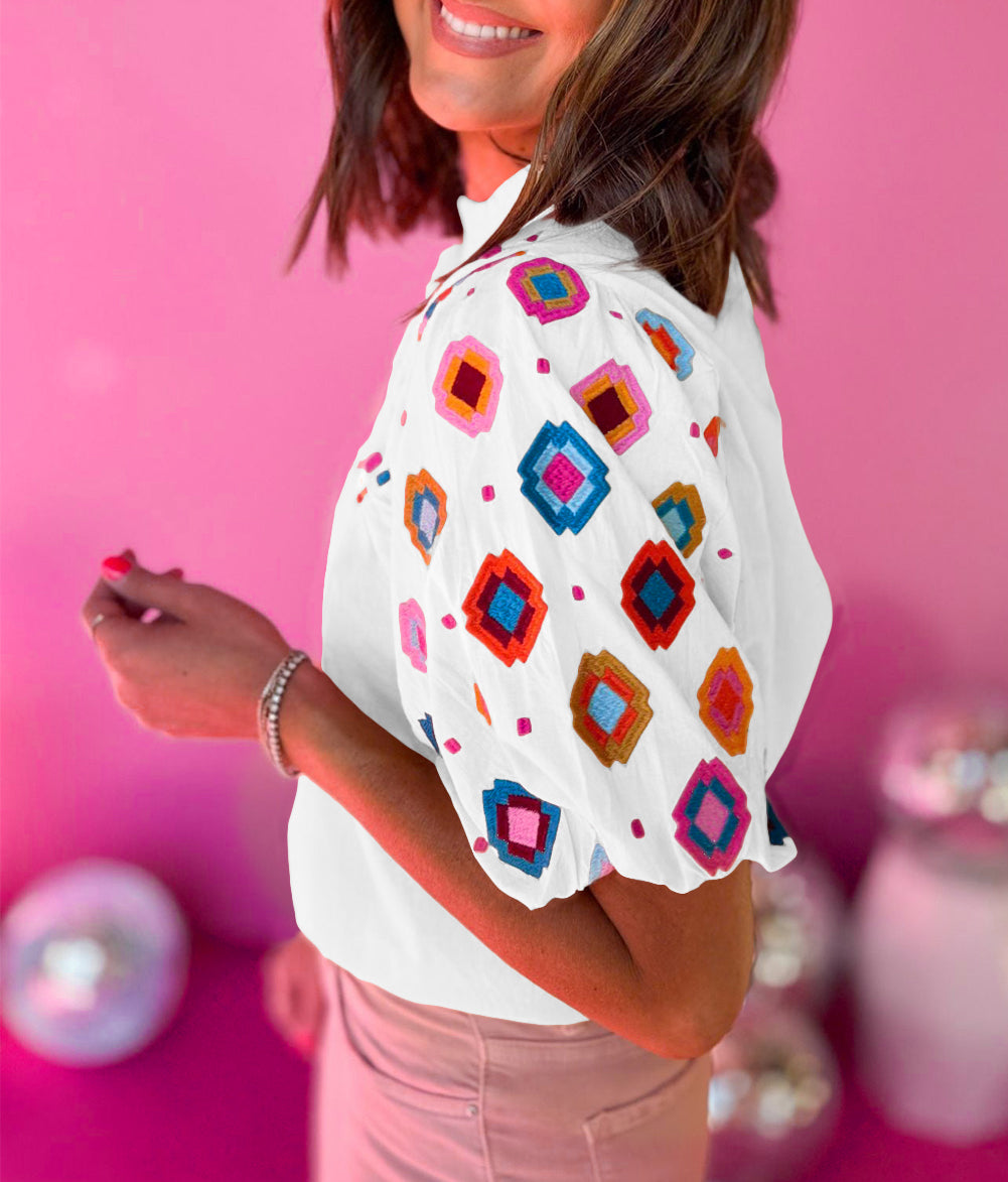 Embroidered Smocked Neck Puff Sleeve Top