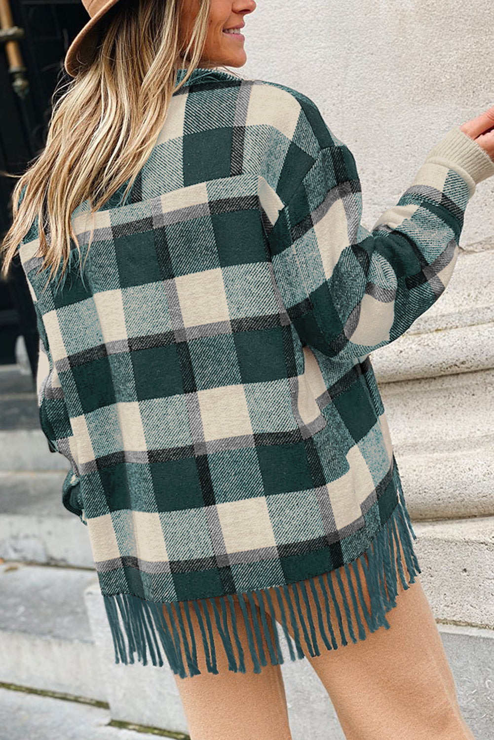 Plaid Snap Button Pocket Fringed Hem Jacket
