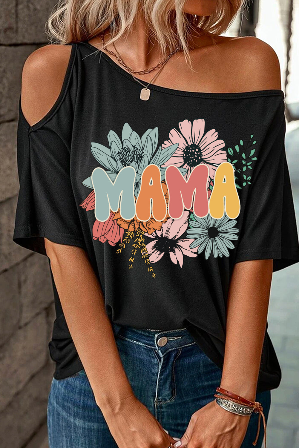 MAMA Flower Print Asymmetric Neck Casual T Shirt