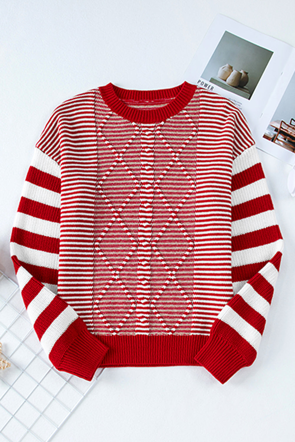 Stripe Geometric Textured Drop Shoulder Sweater