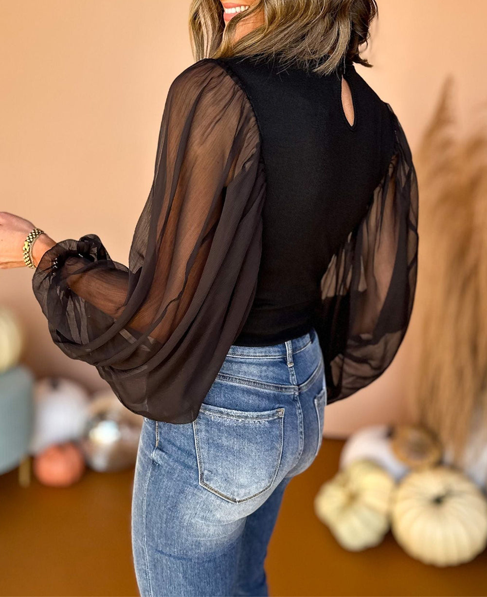 Billowy Mesh Puff Sleeve Ribbed Top