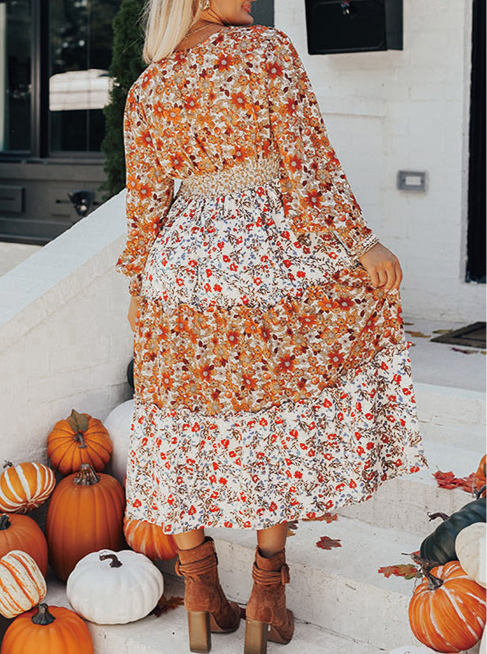 Floral Print Ruffled Tiered Long Sleeve V Neck Midi Dress