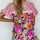 Bubble Sleeve Lace Trim Floral Mixed Print Blouse