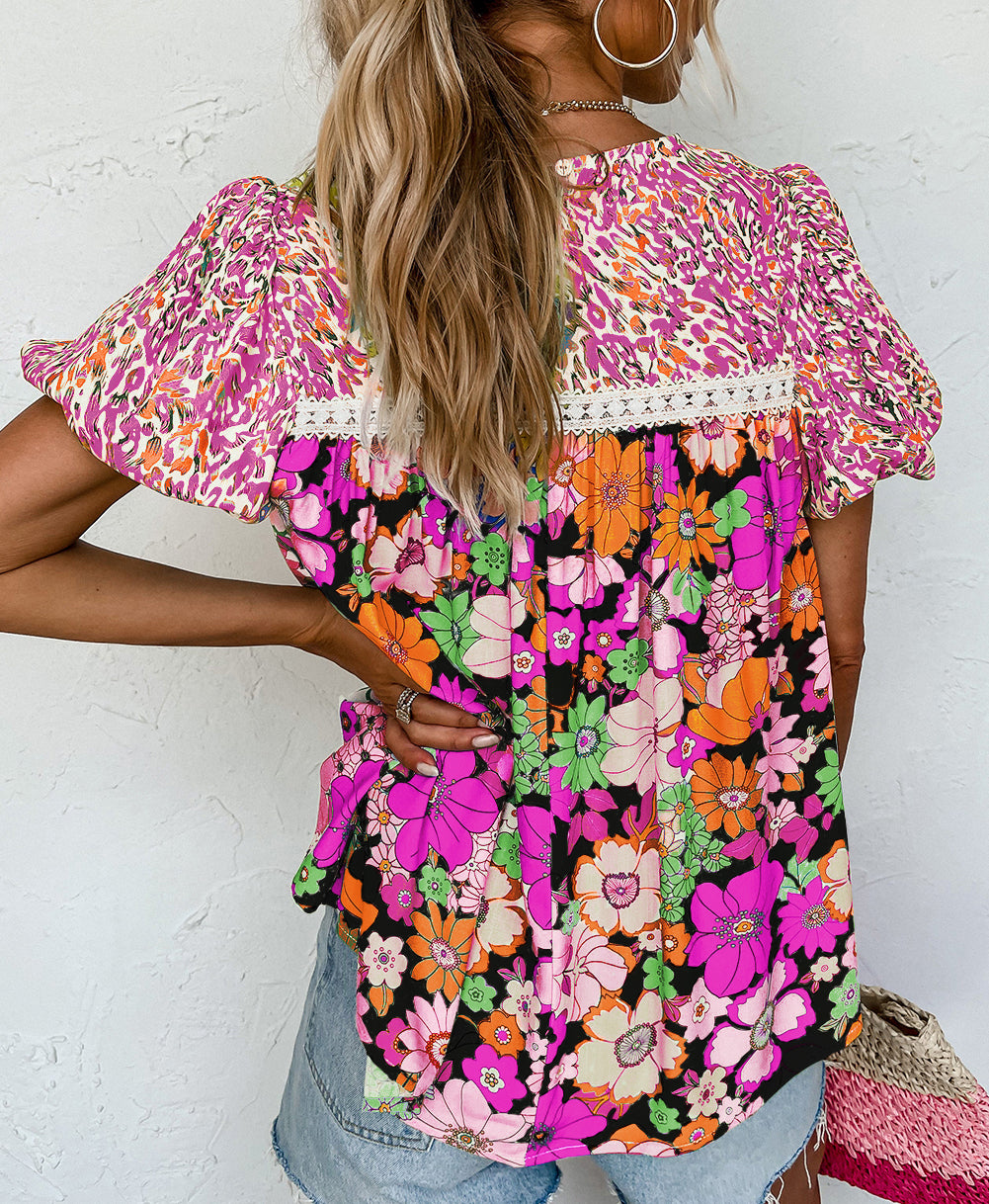 Bubble Sleeve Lace Trim Floral Mixed Print Blouse