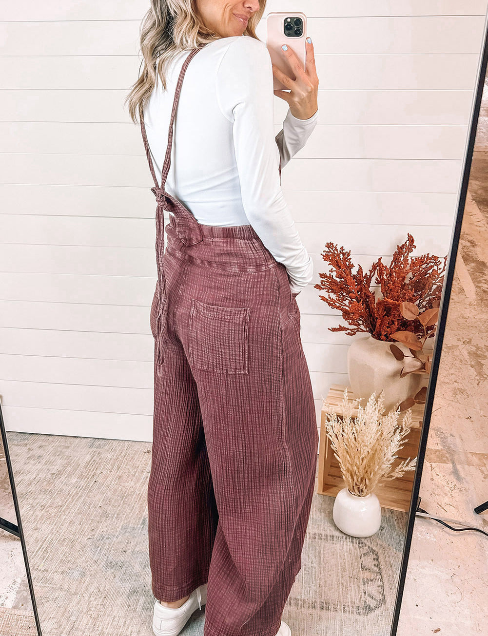 Textured Shoulder Straps Pocketed Overalls