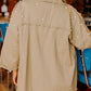 Pearl Beaded Raw Hem Button Up Denim Jacket