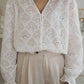 Fanshaped Lace Hollow out Split Neck Puff Sleeve Blouse