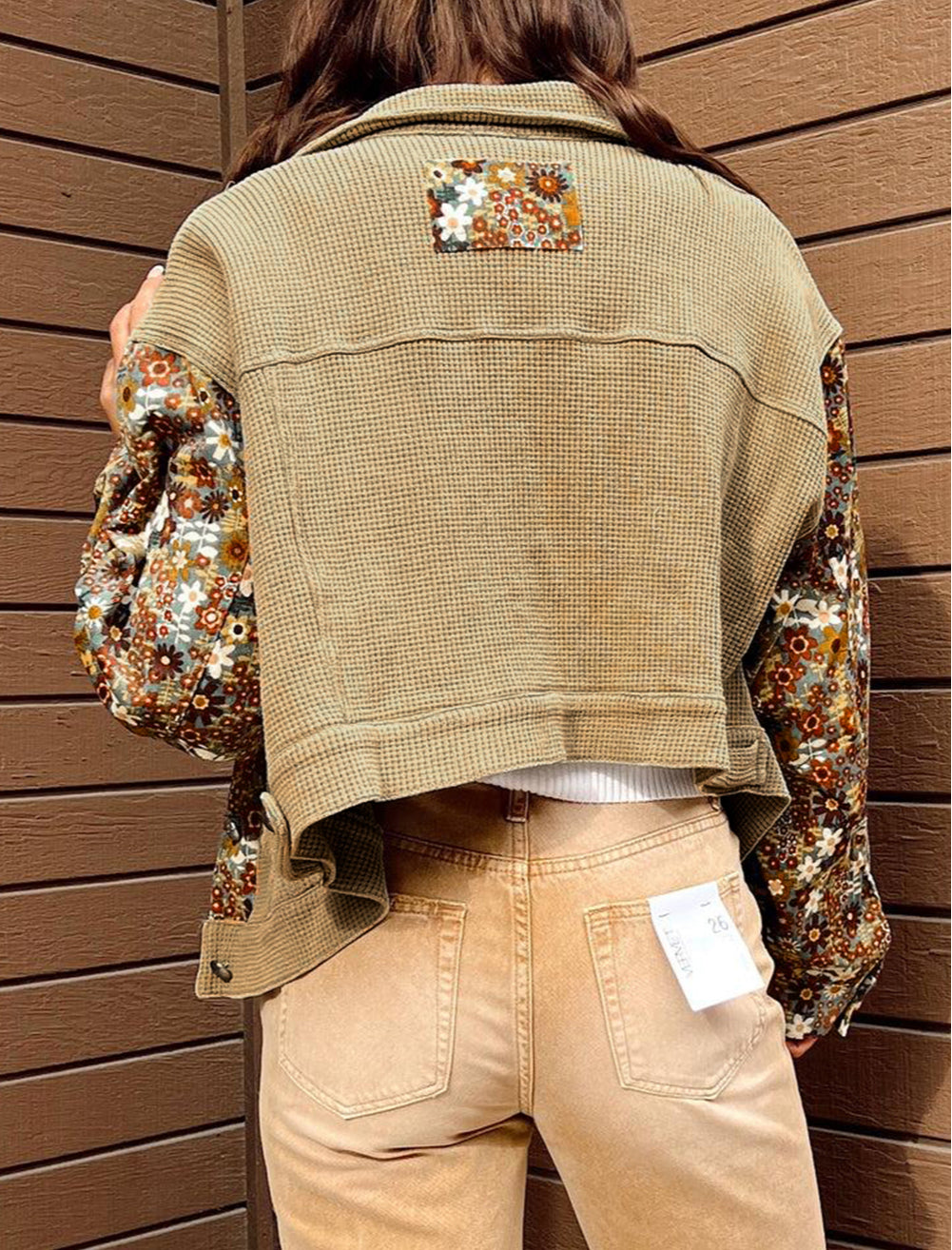 Waffle Knit Floral Print Patchwork Button up Jacket