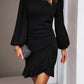 Solid Wrapped Ruffled Hem Bubble Sleeve Mini Dress