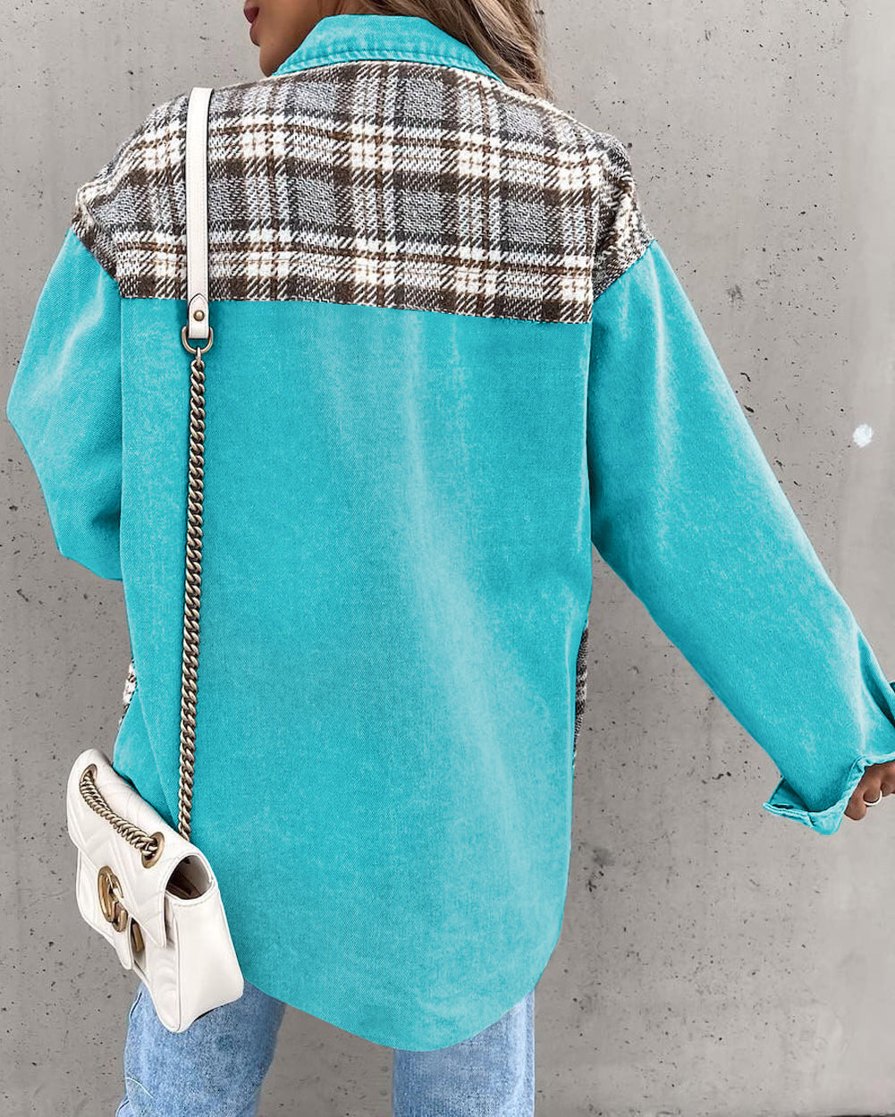 Plaid Patchwork Pockets Denim Jacket