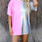 Pink Sequin Color Block Half Sleeve Shift Mini Dress