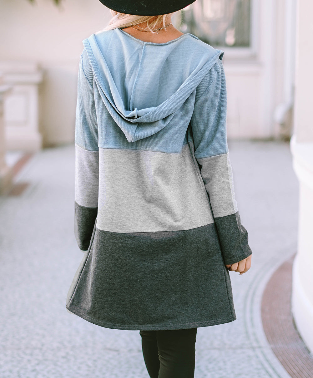 Color Block Patchwork Open Front Hooded Cardigan