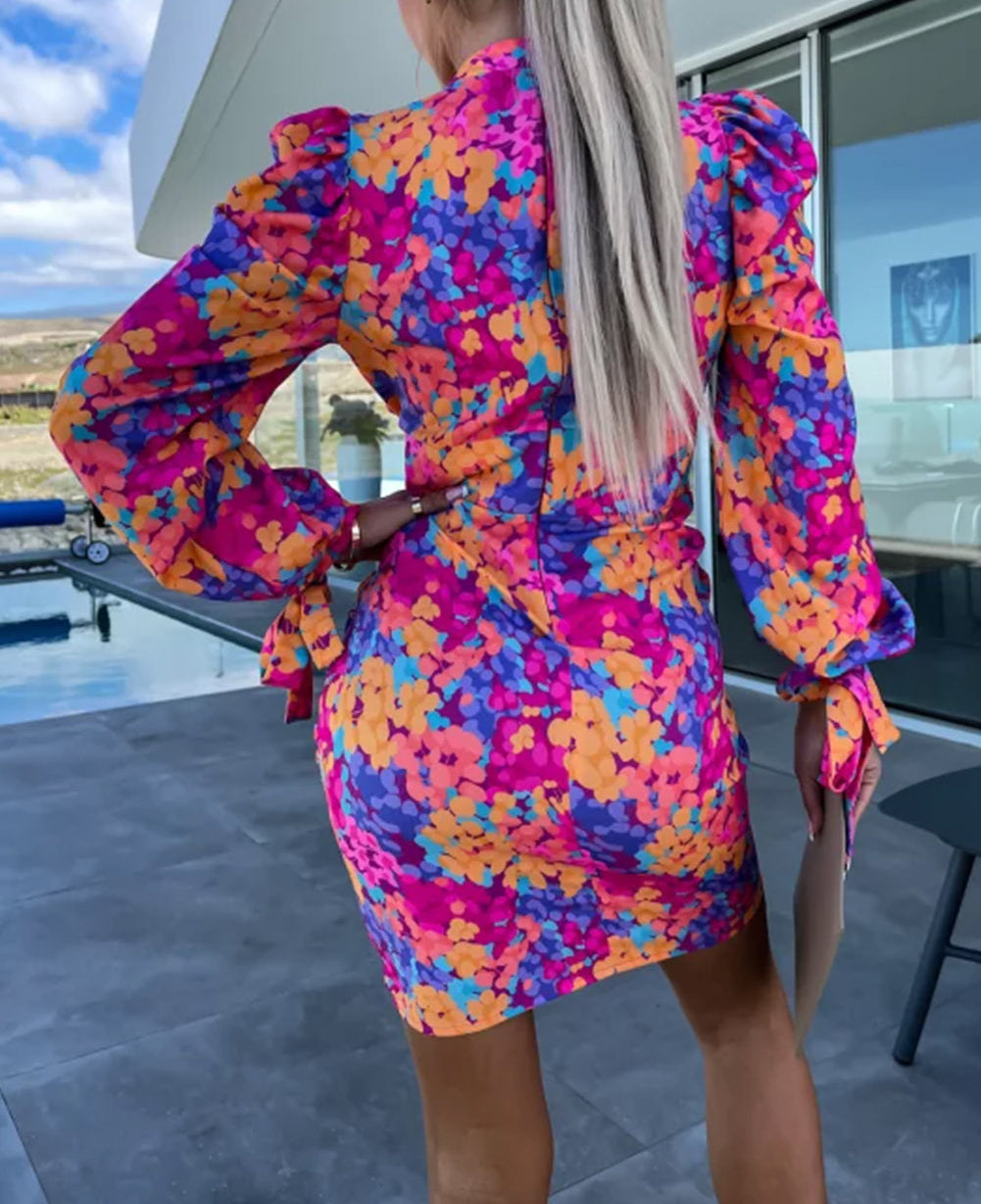 Floral Bow Tie Long Sleeve Mock Neck Ruched Dress