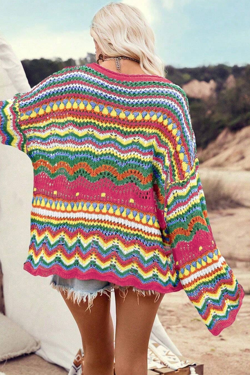 Colorblock Striped Hollowed Knit Loose Sleeve Sweater