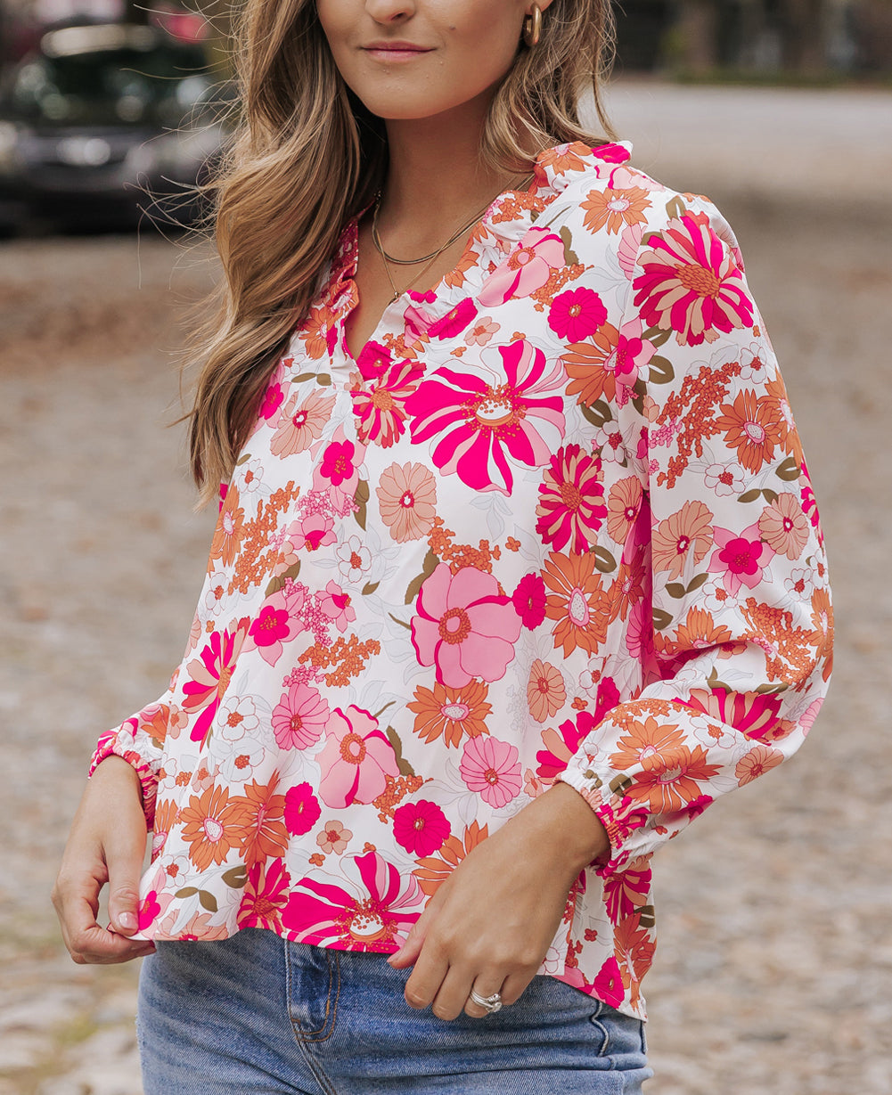 Floral Print Split V Neck Blouse