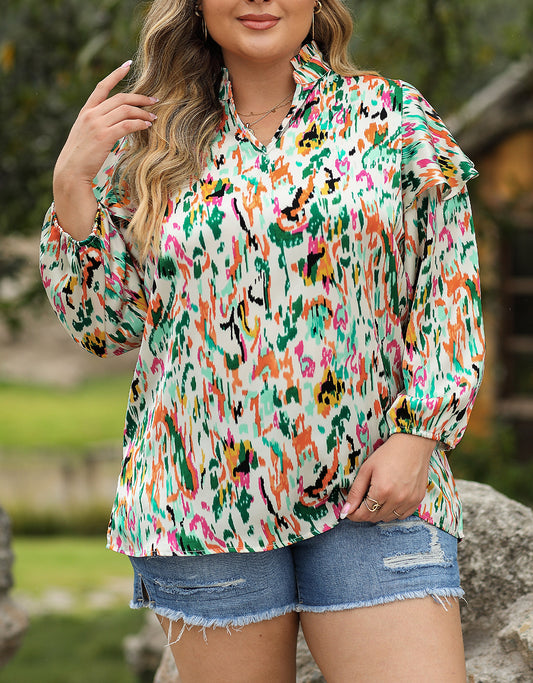 Abstract Print Ruffled V Neck Plus Size Blouse