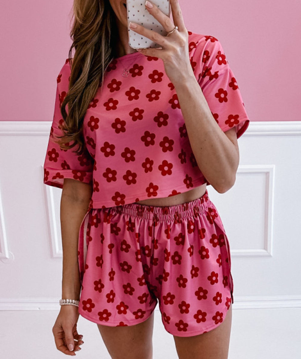 Floral Print Crop Tee and Shorts Lounge Set