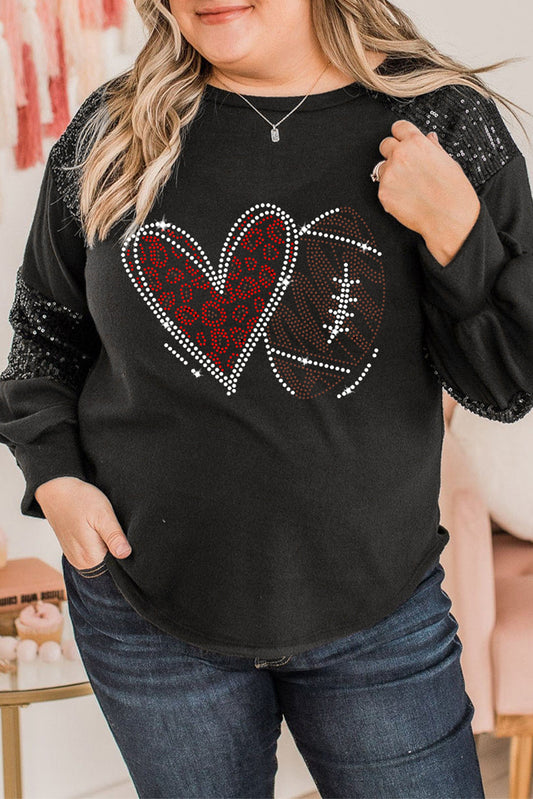 Rhinestone Heart Rugby Football Plus Size Top