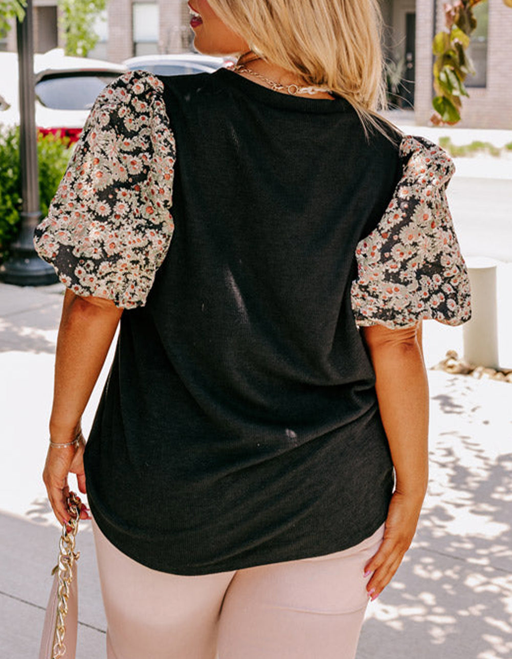 Daisy Printed Short Bubble Sleeve Plus Size Tunic Top