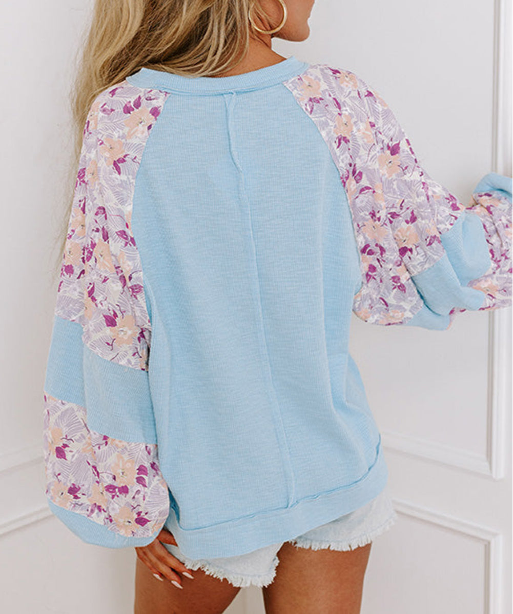 Textured Floral Patchwork Balloon Sleeve Blouse