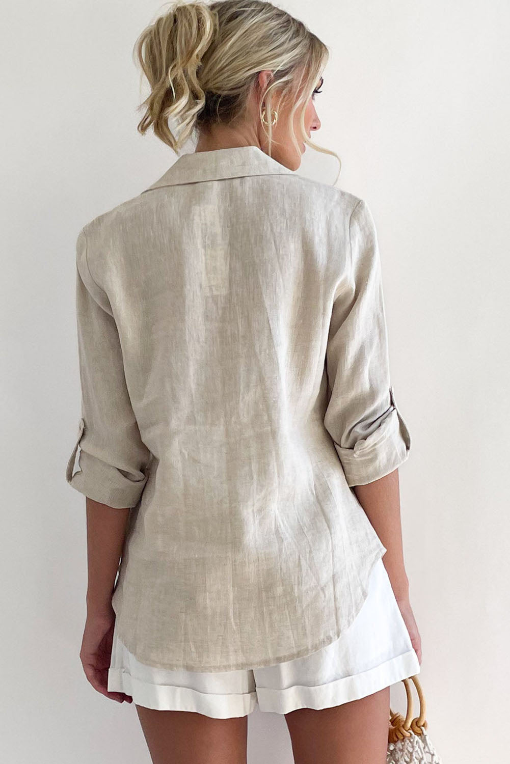 Beige Roll Tab Long Sleeve Relaxed Linen Shirt