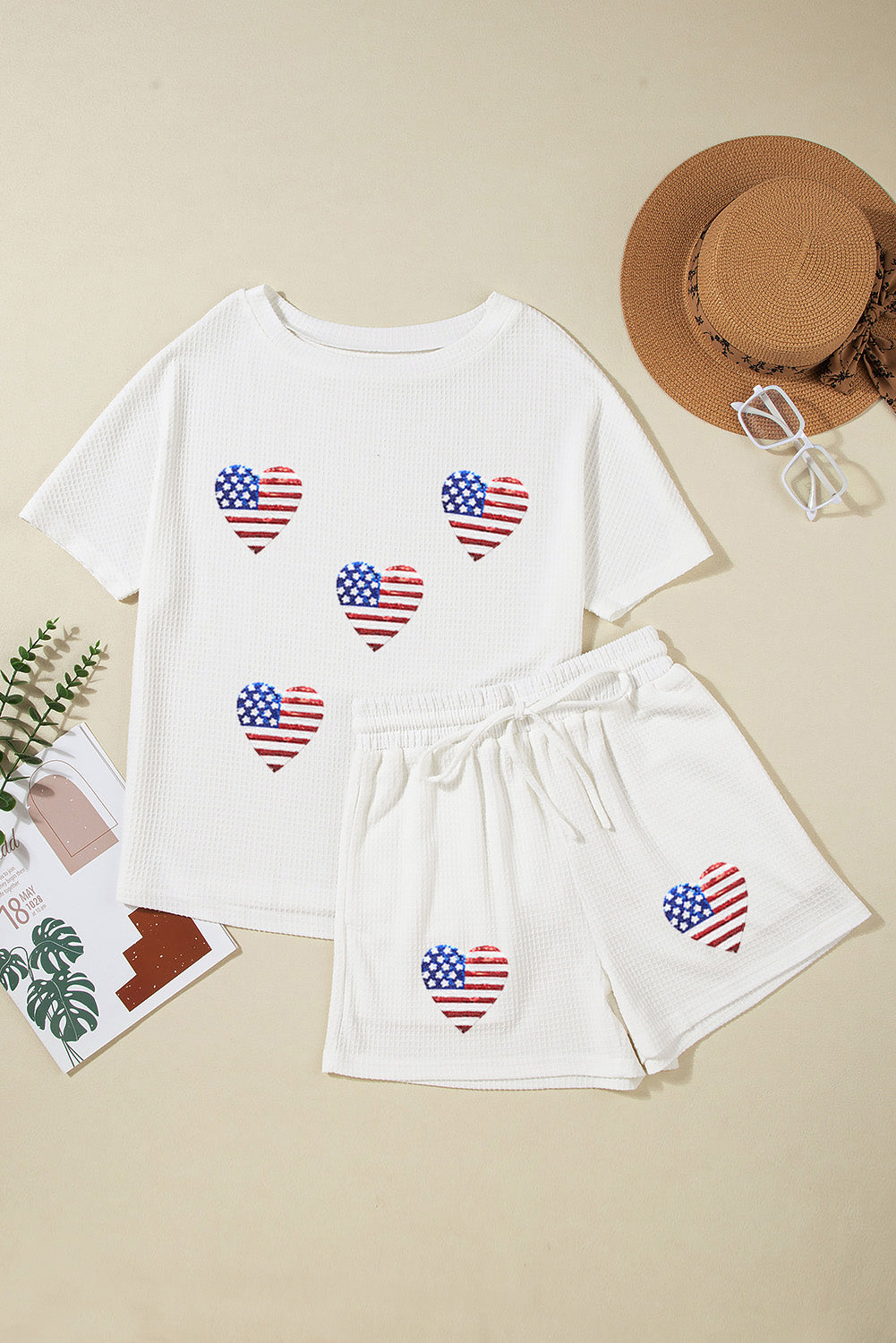 Sequin American Flag Heart Shape Waffle Knit Shorts Set