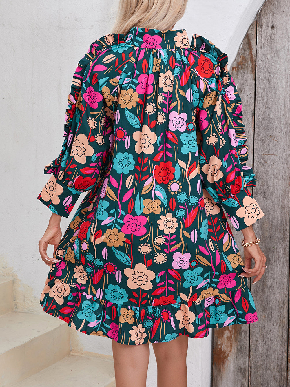 Floral Print Puff Sleeve Ruffled Mini Dress