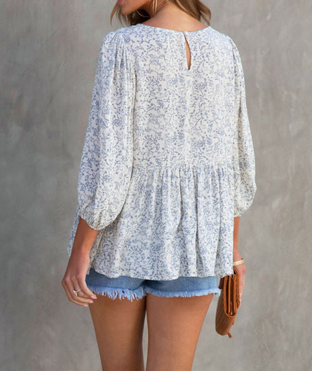 Retro Floral Printed 3/4 Puff Sleeve Blouse