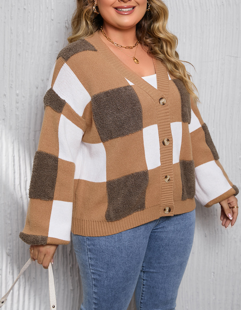 Checkered Knit Ribbed Trim Buttoned Plus Cardigan