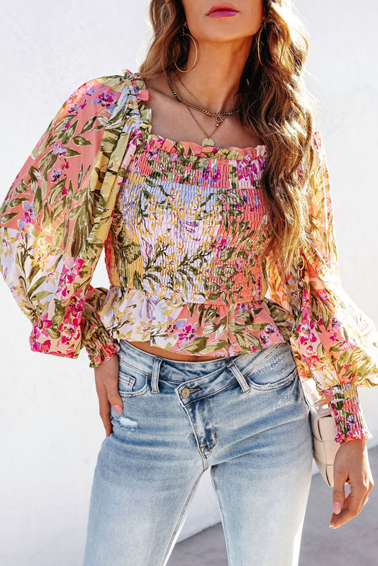 Smocked Floral Frilled Trim Square Neck Blouse