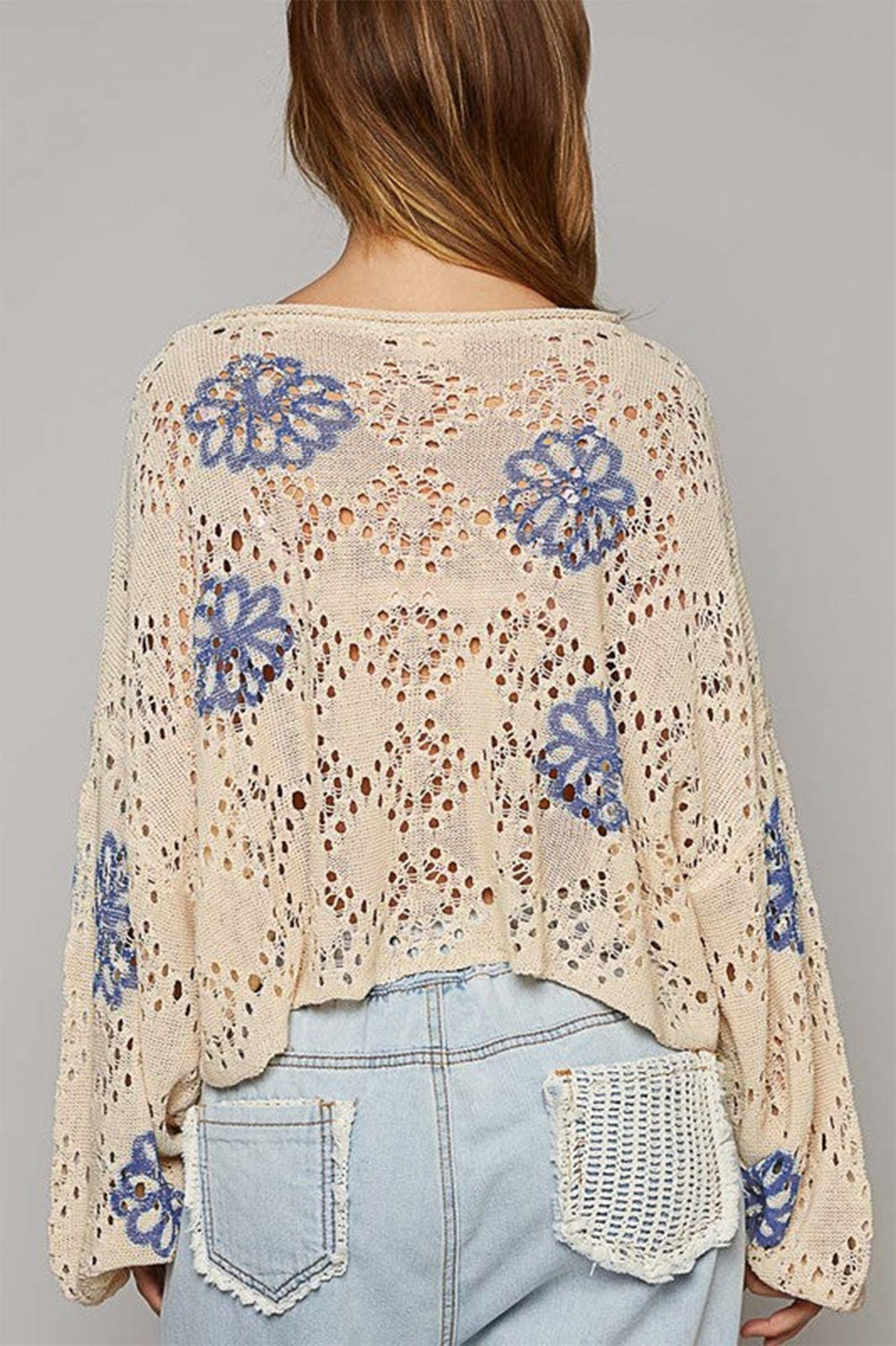 Flower Print Eyelet Drop Shoulder Sweater