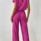 Solid Color Ribbed Short Sleeve Wide Leg Jumpsuit