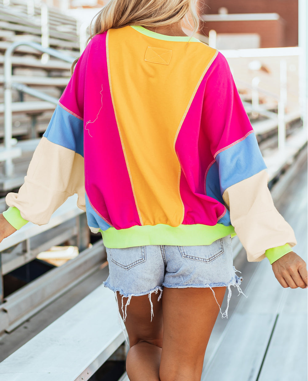 Colorblock Patchwork Exposed Stitching Oversize Top