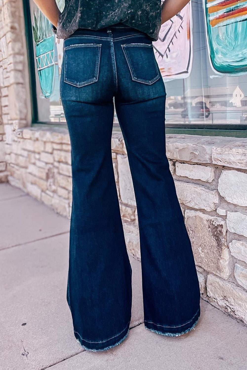 Teal High Rise Ripped Bell Bottom Jeans