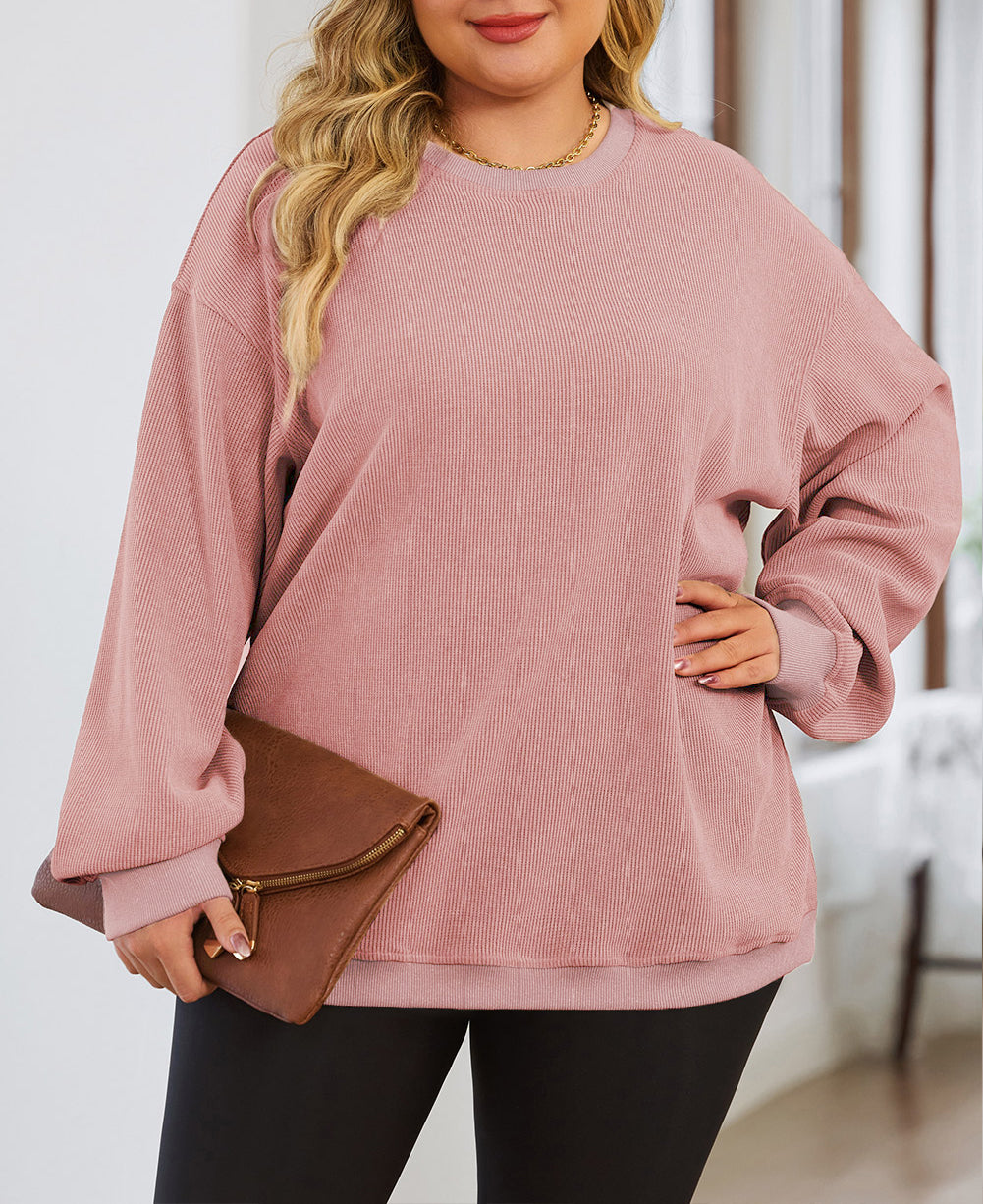 Plus Size Corded Round Neck Sweatshirt