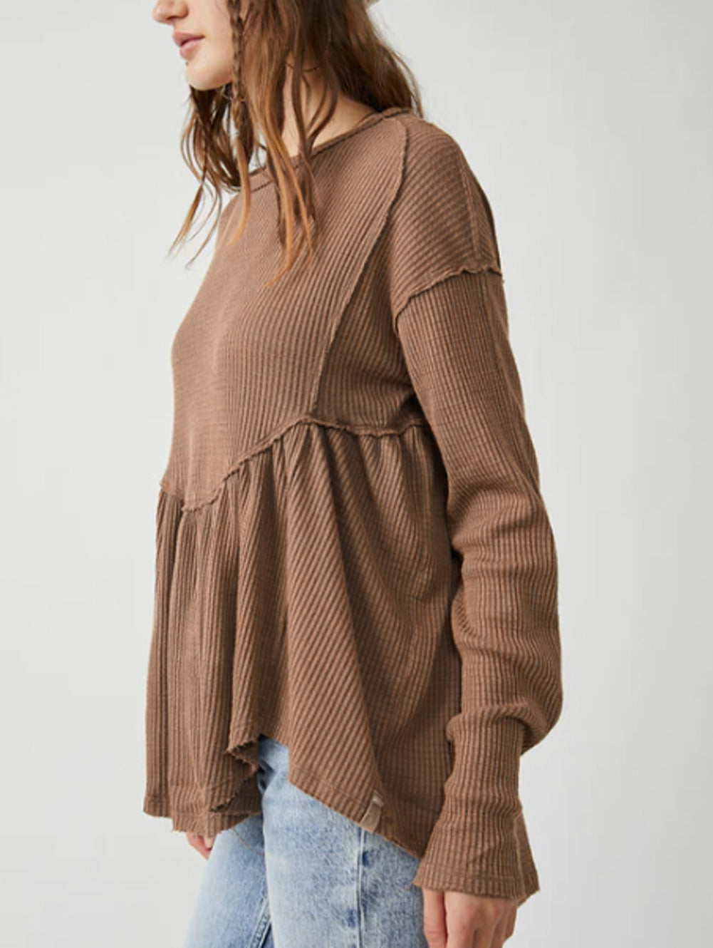 Solid Color Ribbed Long Sleeve Peplum Blouse