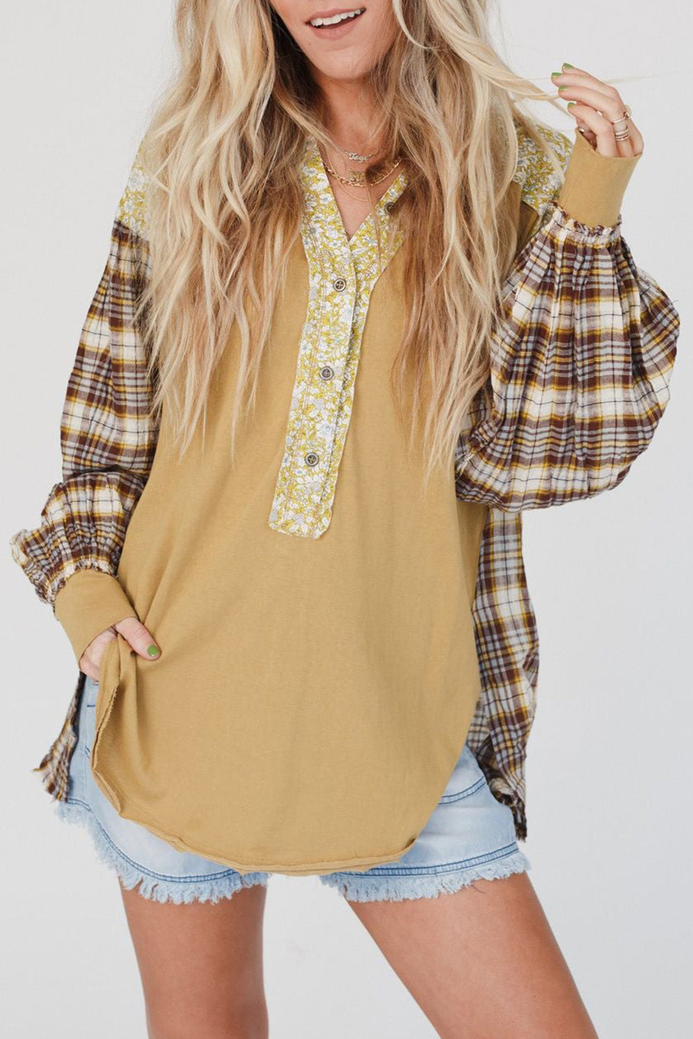 Floral Plaid Mixed Print Bishop Sleeve Patchwork Top with Slits