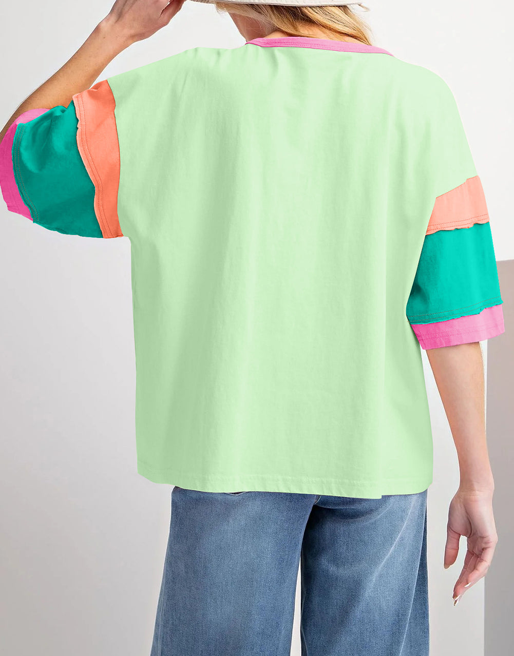 Color Block Stitching Sleeve Round Neck Oversize Top